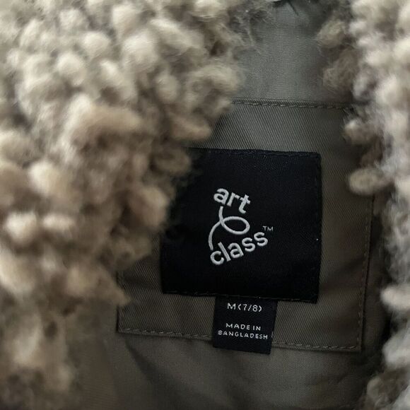 Art Class Sherpa Bomber Jacket Olive Green Snap Front Girls Size Medium 7-8 - Picture 7 of 11